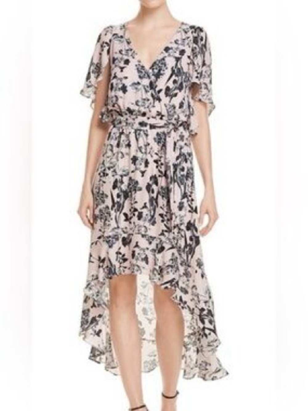 PARKER 100% Silk Pink Black Floral High-Low Faux-Wrap Ruffles Dress Size Medium
